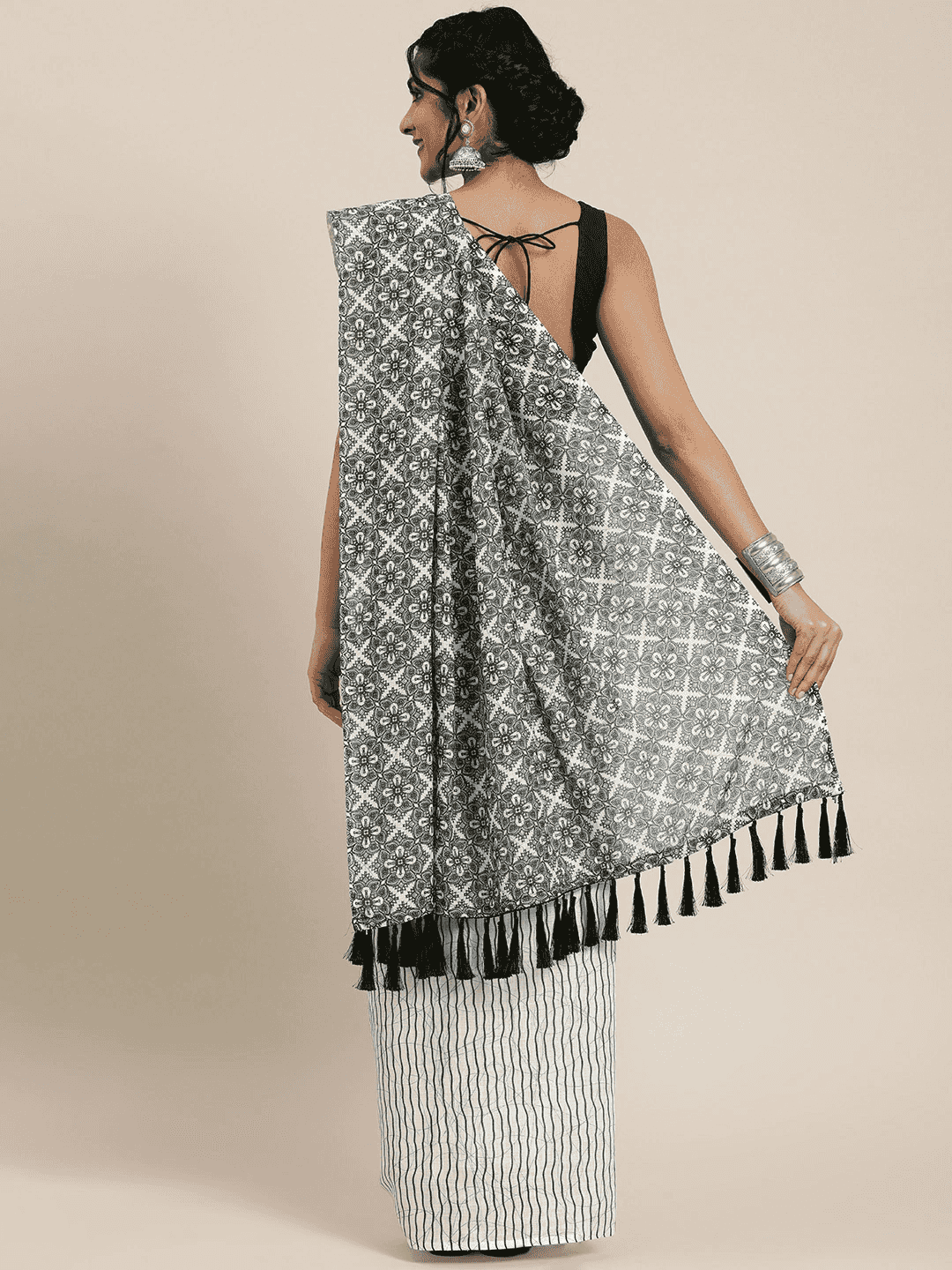 Stylish Linen Ajrak Printed Saree With Tassel by My Store
