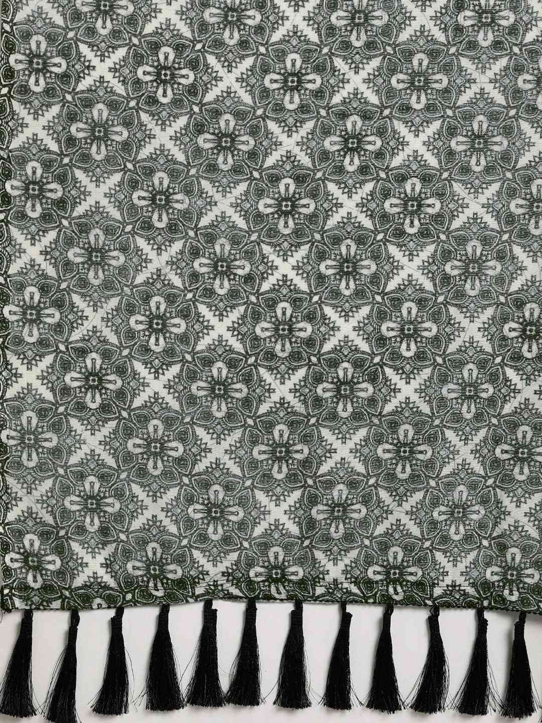 Stylish Linen Ajrak Printed Saree With Tassel by My Store