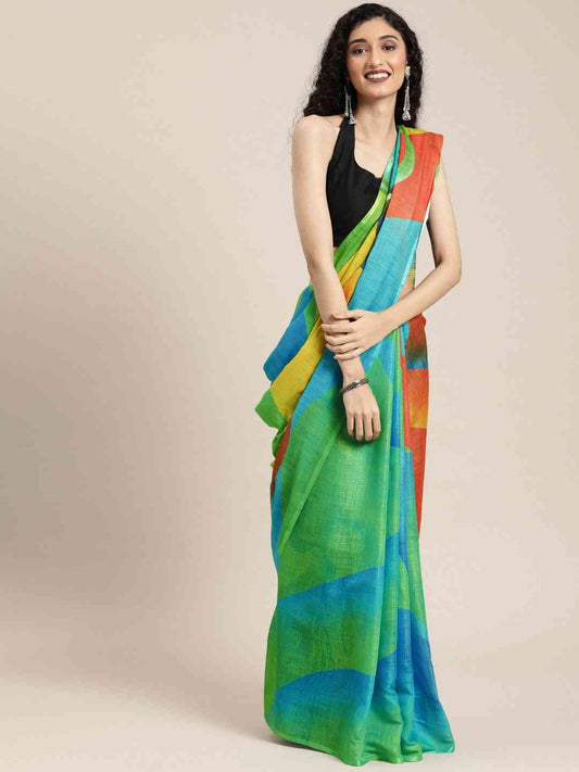 Stylish Abstract Printed Linen Saree With Resham Tassel by My Store