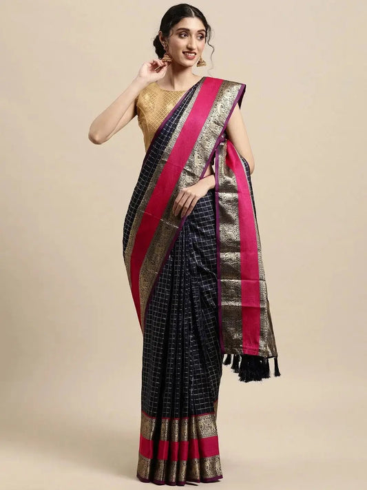 Banarasi Silk Saree with Intricate Checked Pattern and Woven Border