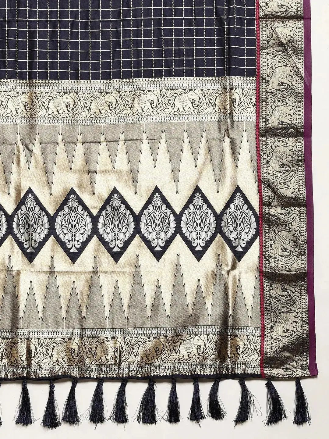 Banarasi Silk Saree with Intricate Checked Pattern and Woven Border