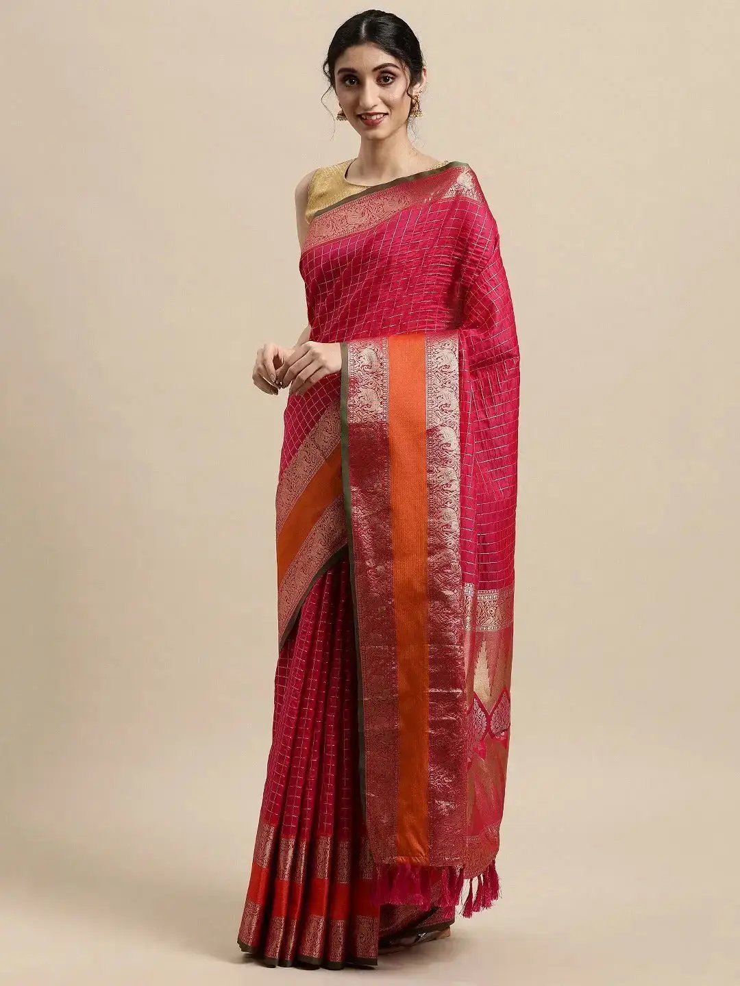 Banarasi Silk Saree with Intricate Checked Pattern and Woven Border