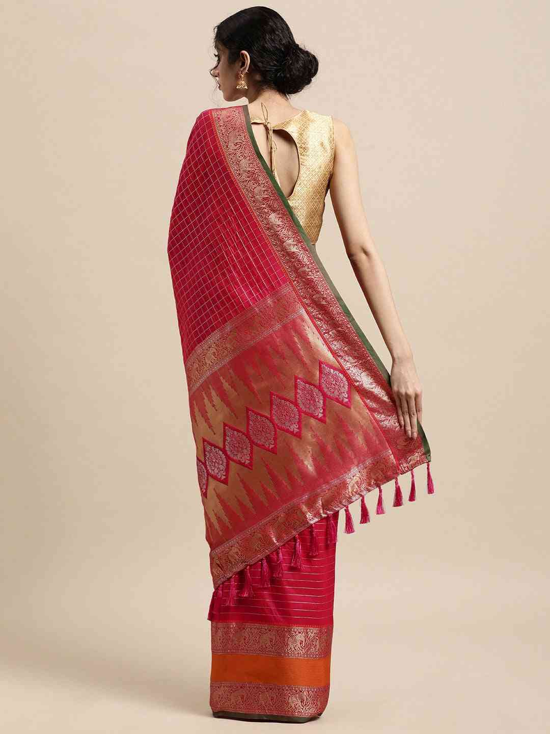 Banarasi Silk Saree with Intricate Checked Pattern and Woven Border