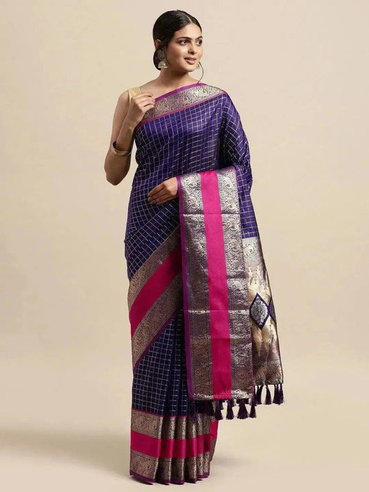 Banarasi Silk Saree with Intricate Checked Pattern and Woven Border