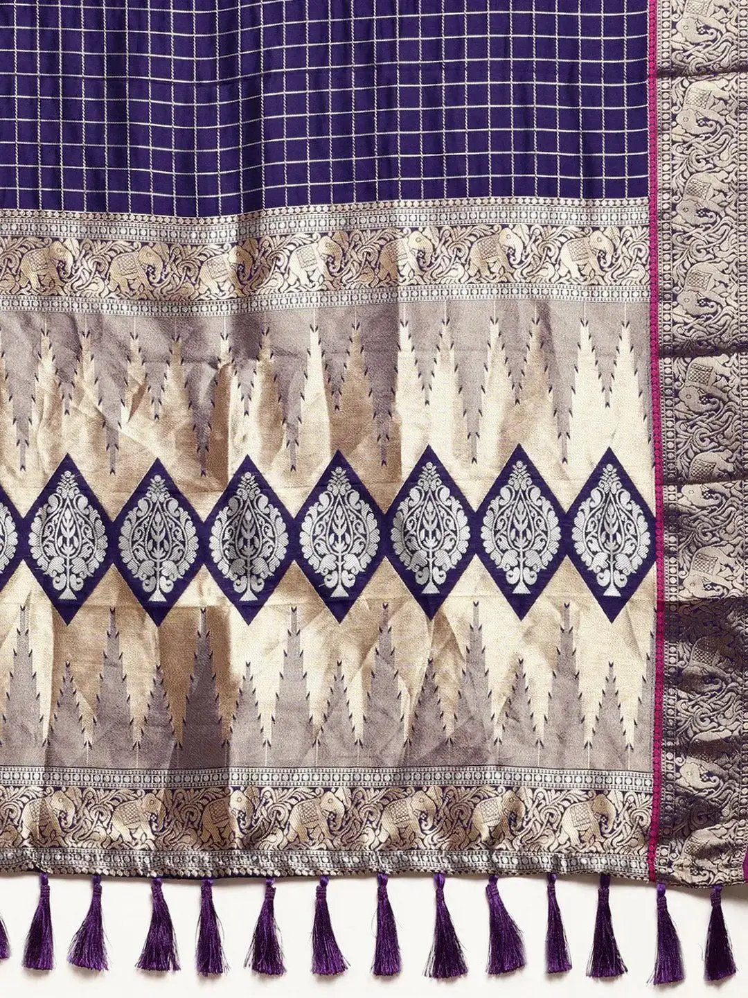Banarasi Silk Saree with Intricate Checked Pattern and Woven Border