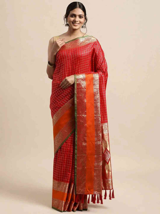 Banarasi Silk Saree with Intricate Checked Pattern and Woven Border