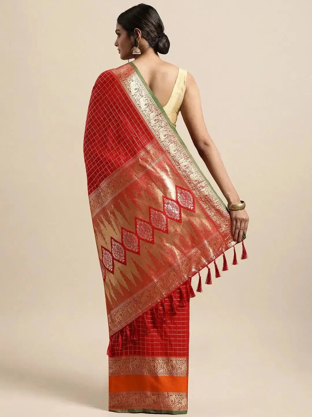 Banarasi Silk Saree with Intricate Checked Pattern and Woven Border