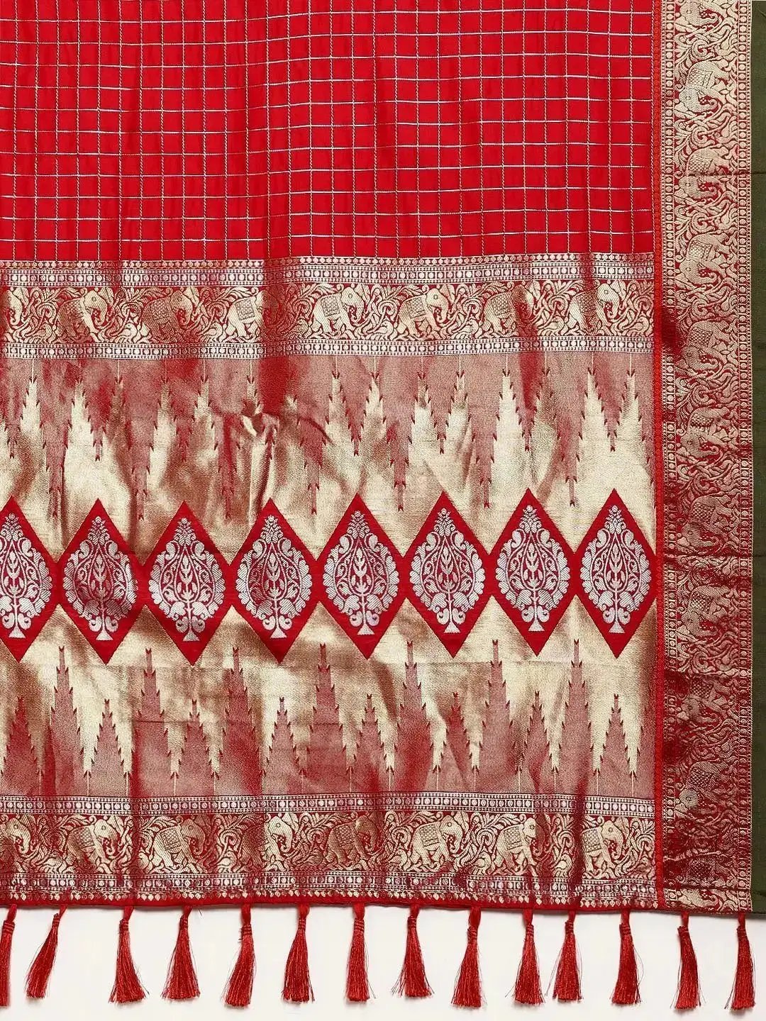 Banarasi Silk Saree with Intricate Checked Pattern and Woven Border