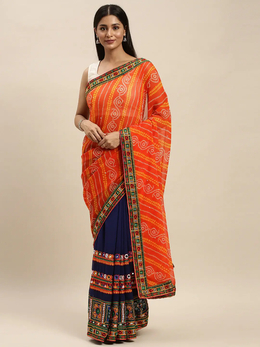 Royal Katchi Embroidery Half Half Bandhej Pallu Festive Wear Saree by My Store