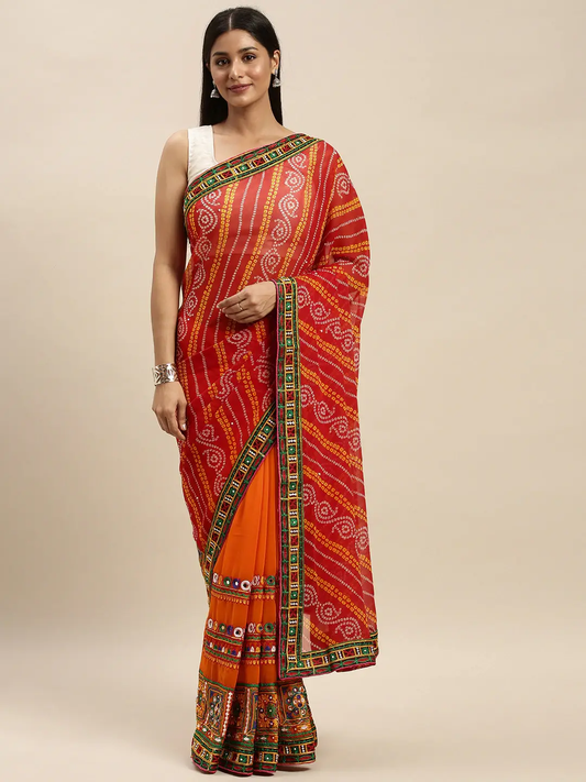 Royal Katchi Embroidery Half Half Bandhej Pallu Festive Wear Saree by My Store