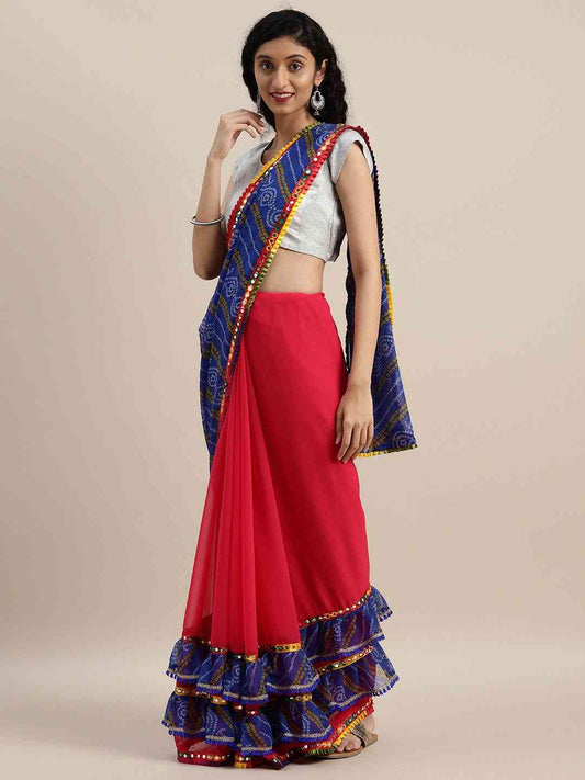 Pure Georgette Pink Colour Saree With Mirror Work & Bandhani Print by My Store