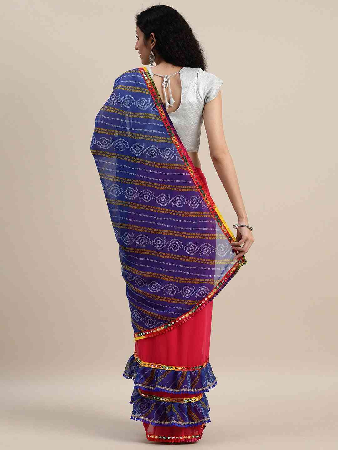 Pure Georgette Pink Colour Saree With Mirror Work & Bandhani Print by My Store