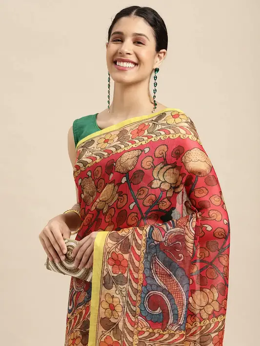Beautiful Digital Print Kalamakri Design Soft Linen Saree