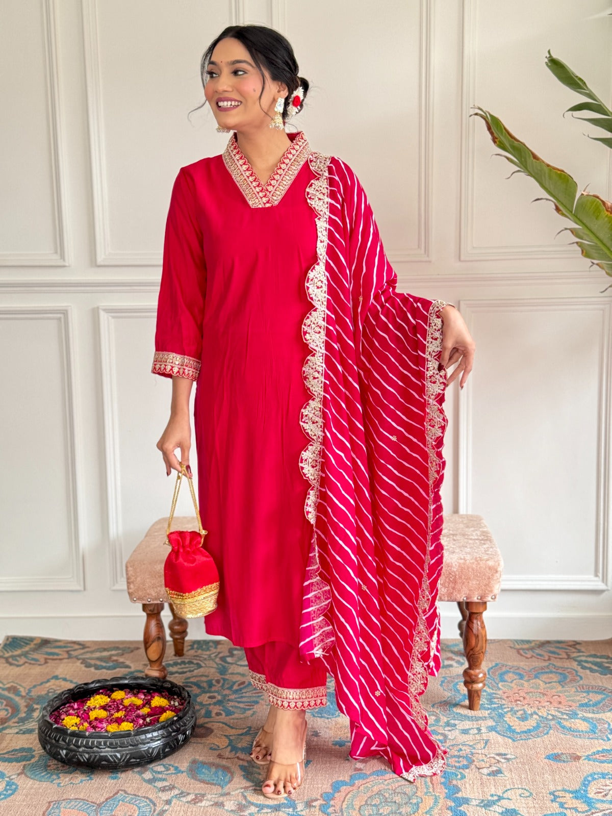 Stunning Red Traditional Outfit with Embroidered Dupatta