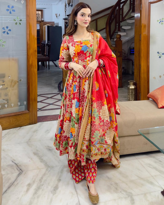 Wedding Wear Printed Red kurta Set For Women
