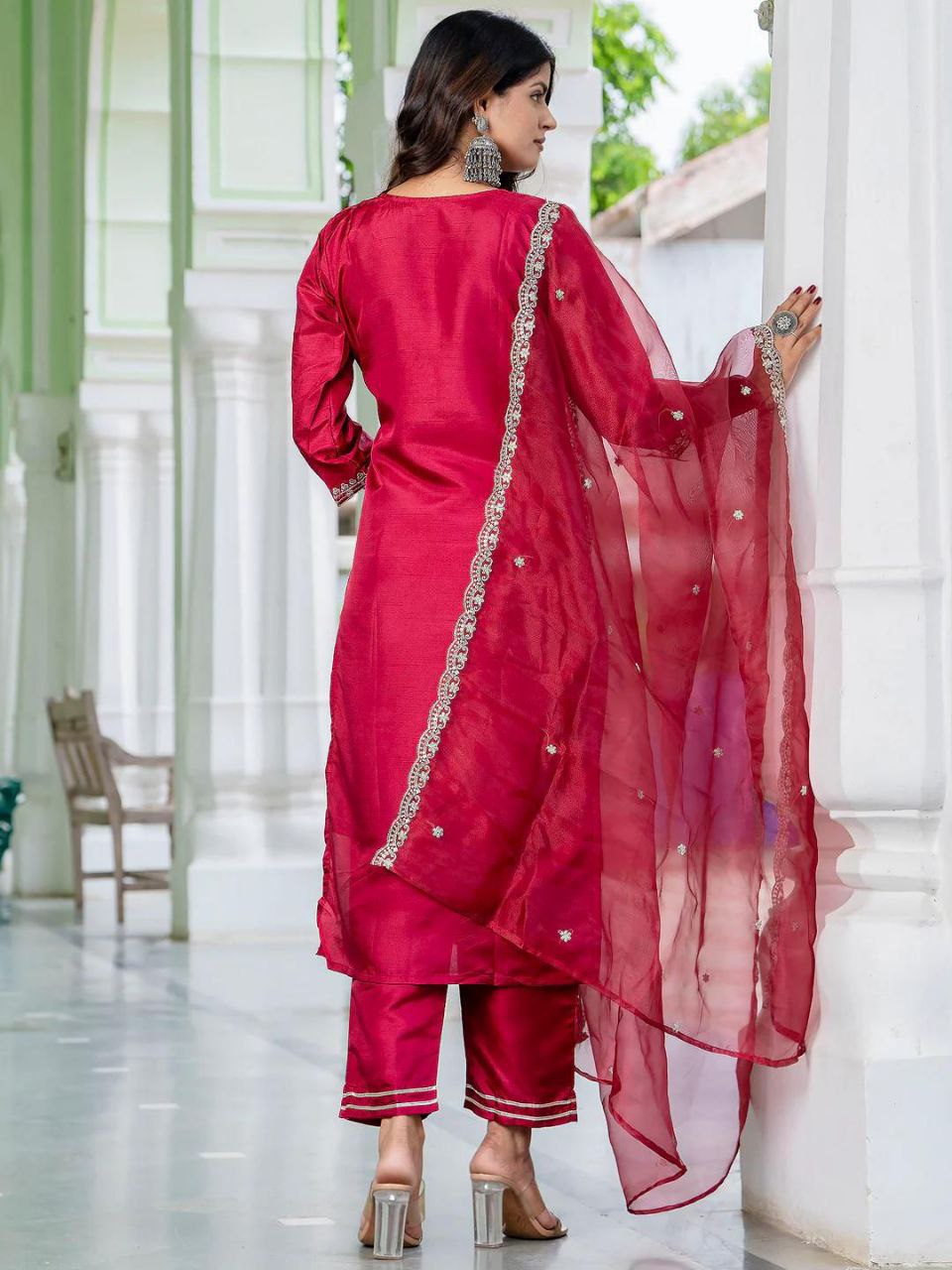 Vibrant Red Embroidered Kurta Set with Sheer Dupatta