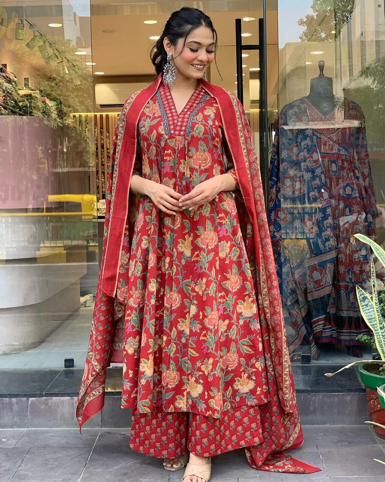 Elegant Red Floral Printed Kurti with Palazzo and Dupatta