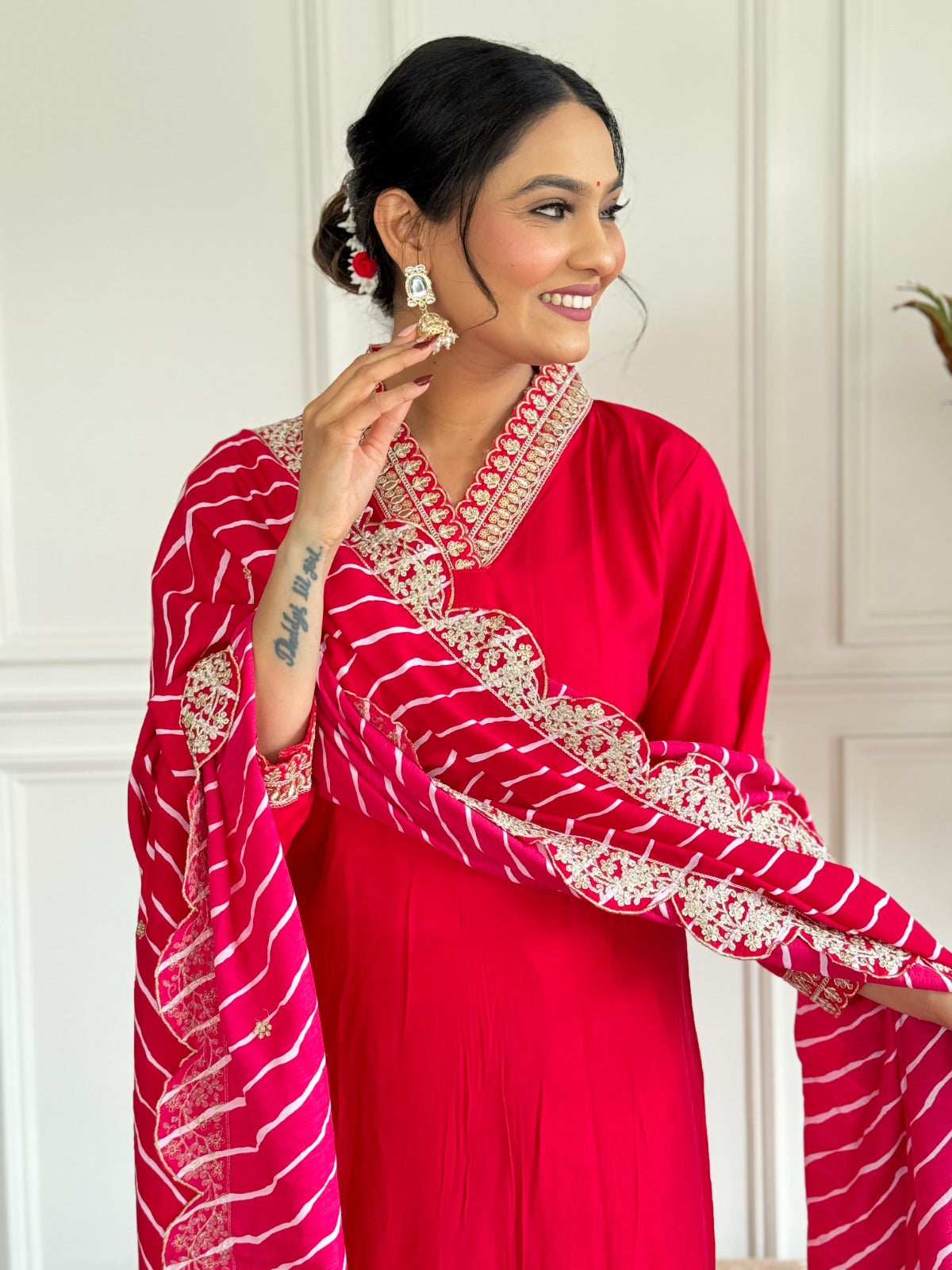 Stunning Red Traditional Outfit with Embroidered Dupatta