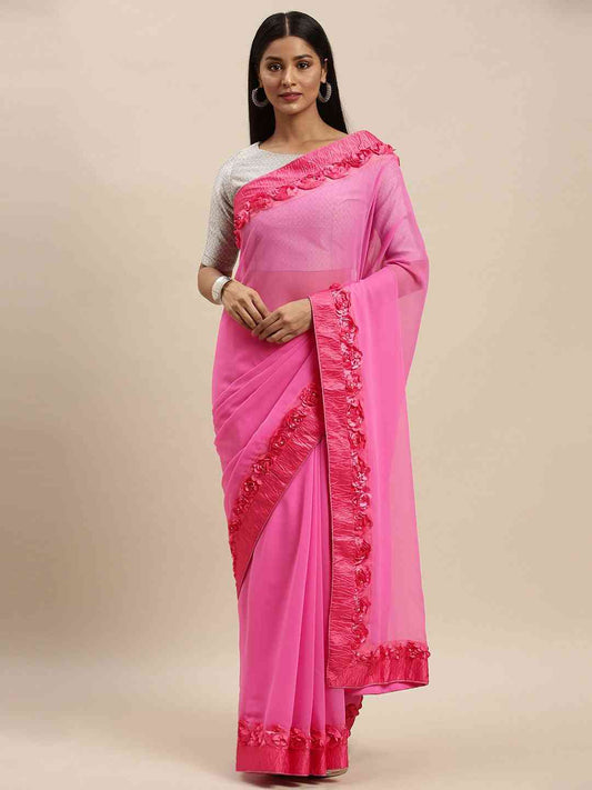 Ribbon Poly Georgette Party Wear Solid Saree by My Store