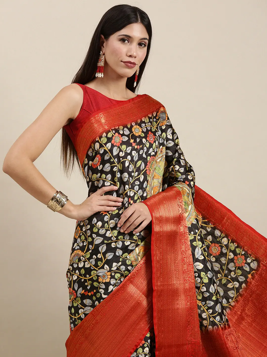 Design Digital Kalamkari Print Pattu Banarasi Silk Saree by My Store