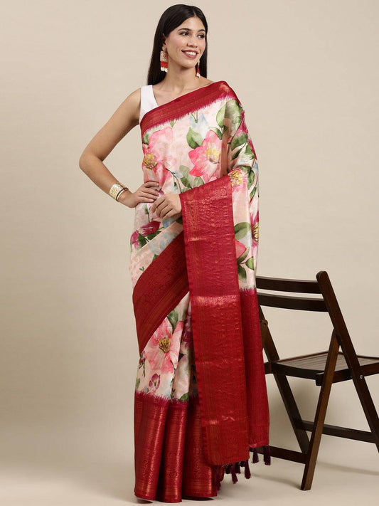 Designer Digital Flower Print Pattu Banarasi Silk Saree by My Store