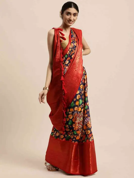 Black Colour Kalamkari Zari Work Silk Blend Kanjivaram Saree