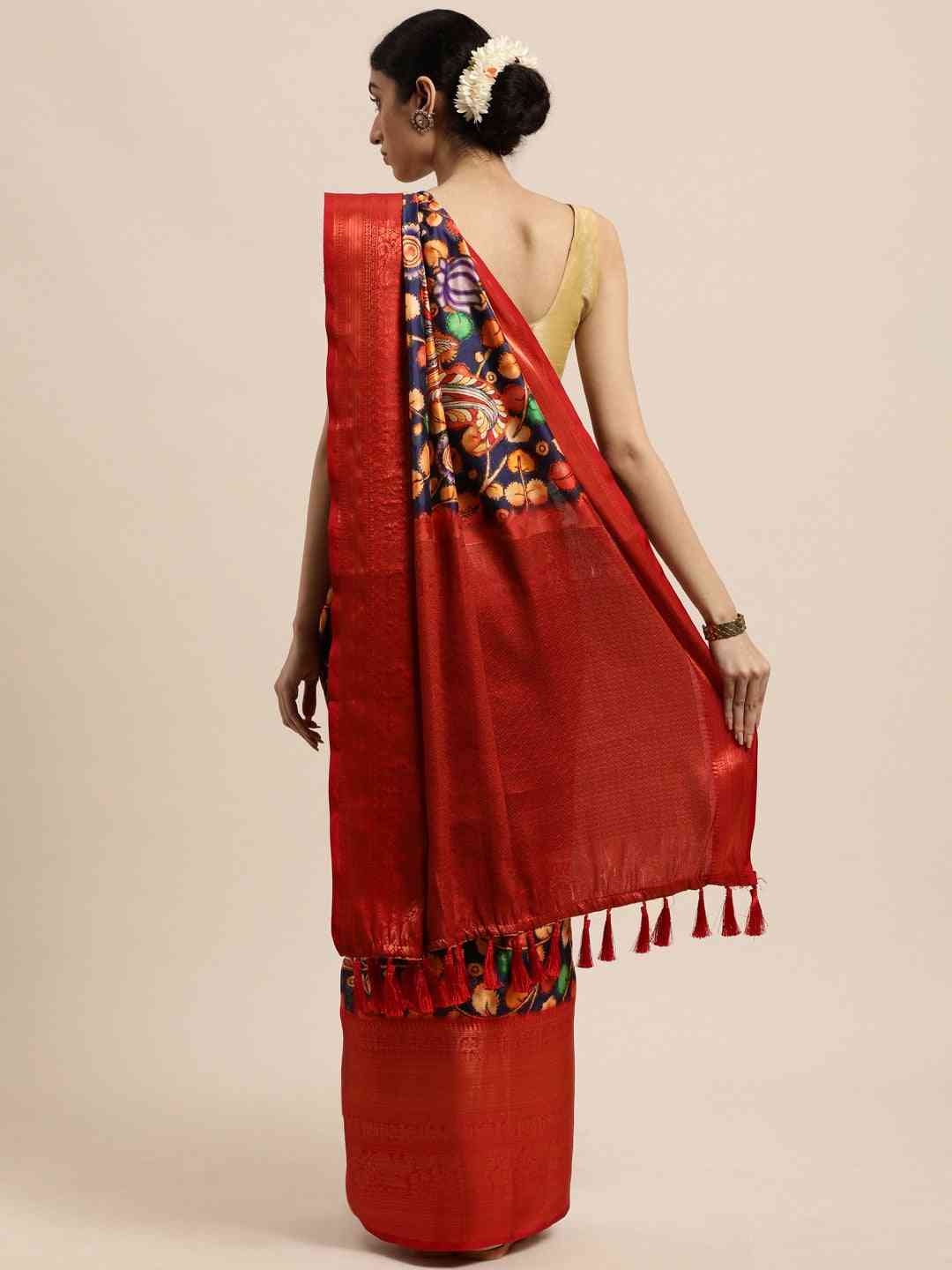 Black Colour Kalamkari Zari Work Silk Blend Kanjivaram Saree
