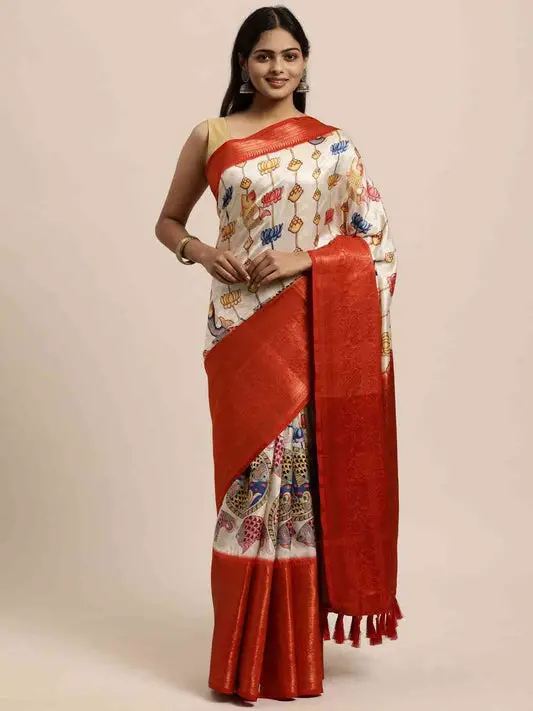 Beautiful Kalamkari Zari Work Silk Blend Kanjivaram Saree