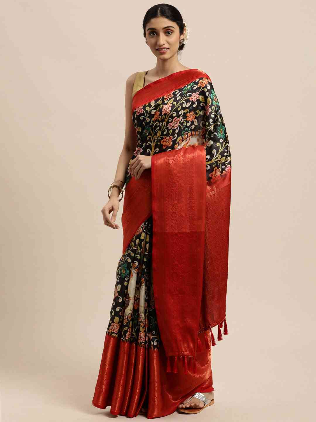 Black Colour Kalamkari Zari Work Silk Blend Kanjivaram Saree