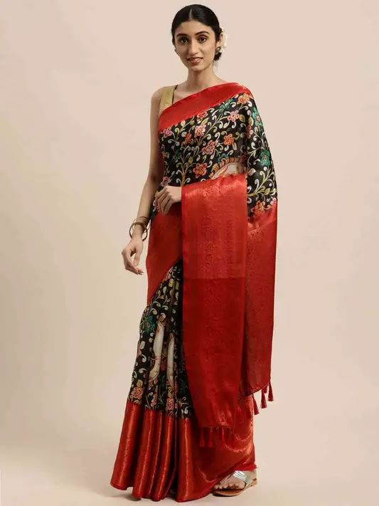Black Colour Kalamkari Zari Work Silk Blend Kanjivaram Saree