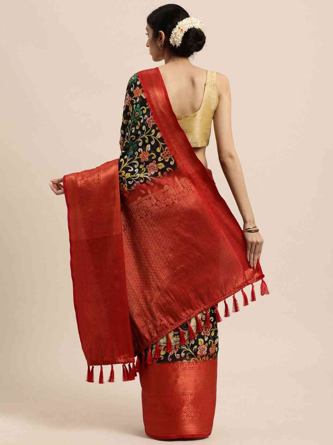 Black Colour Kalamkari Zari Work Silk Blend Kanjivaram Saree