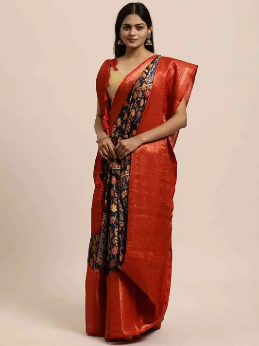 Beautiful Kalamkari Zari Work Silk Blend Kanjivaram Saree