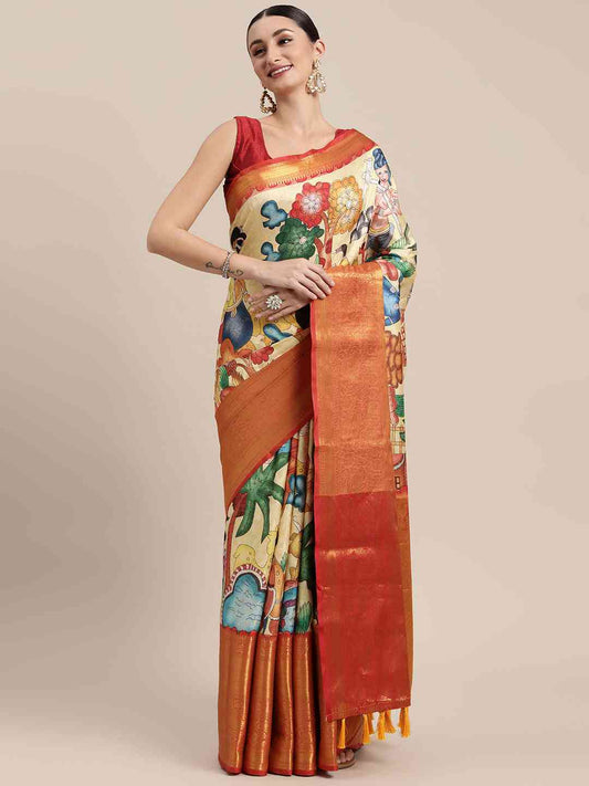 Designer Digital Kalamkari Print Pattu Banarasi Silk Saree by My Store