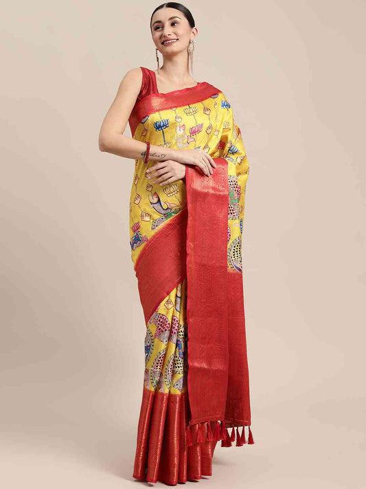 Digital Yellow Kalamkari Print Pattu Banarasi Silk Saree by My Store