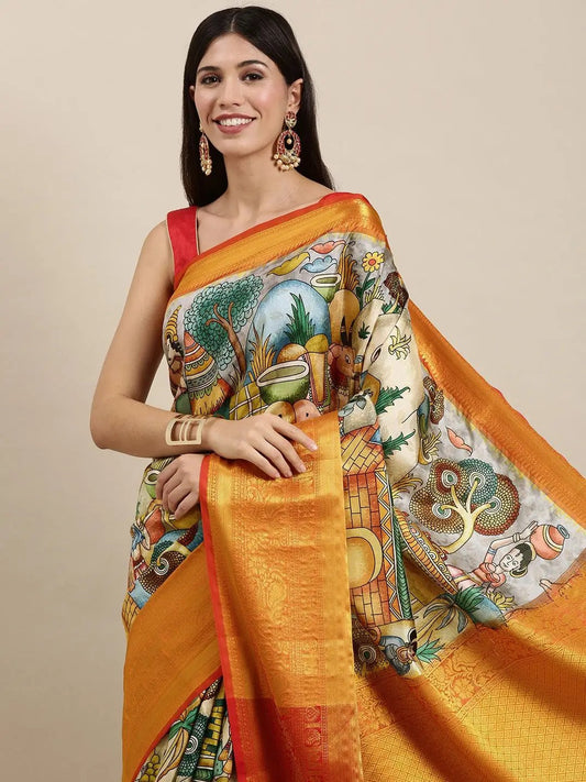 Village Kalamkari Print Kanchi Pattu Silk Saree