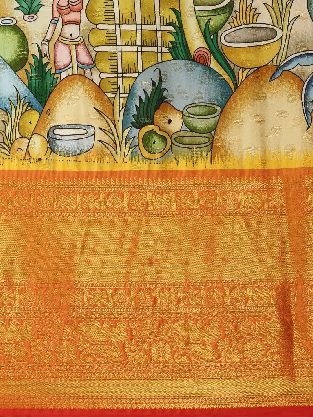 Village Kalamkari Print Kanchi Pattu Silk Saree