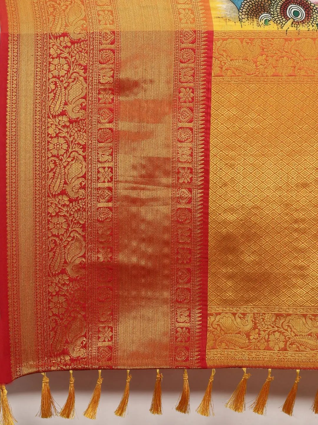 Village Kalamkari Print Kanchi Pattu Silk Saree