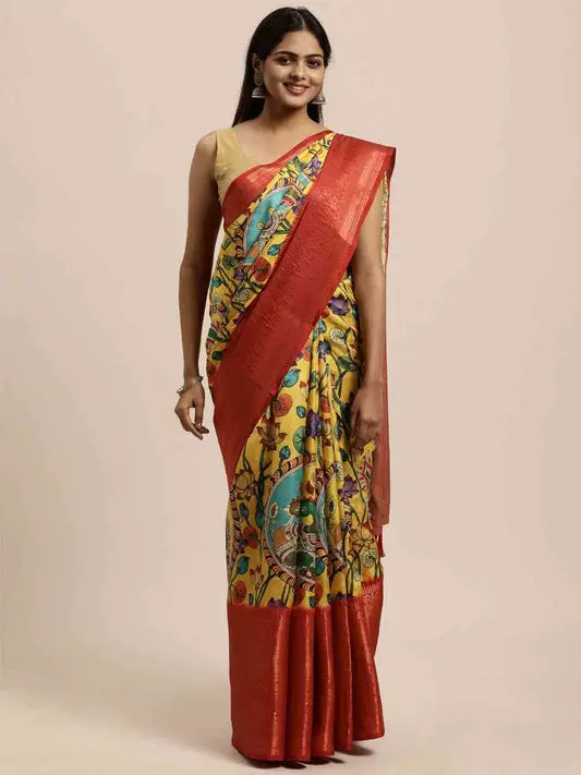 Beautiful Kalamkari Zari Work Silk Blend Kanjivaram Saree