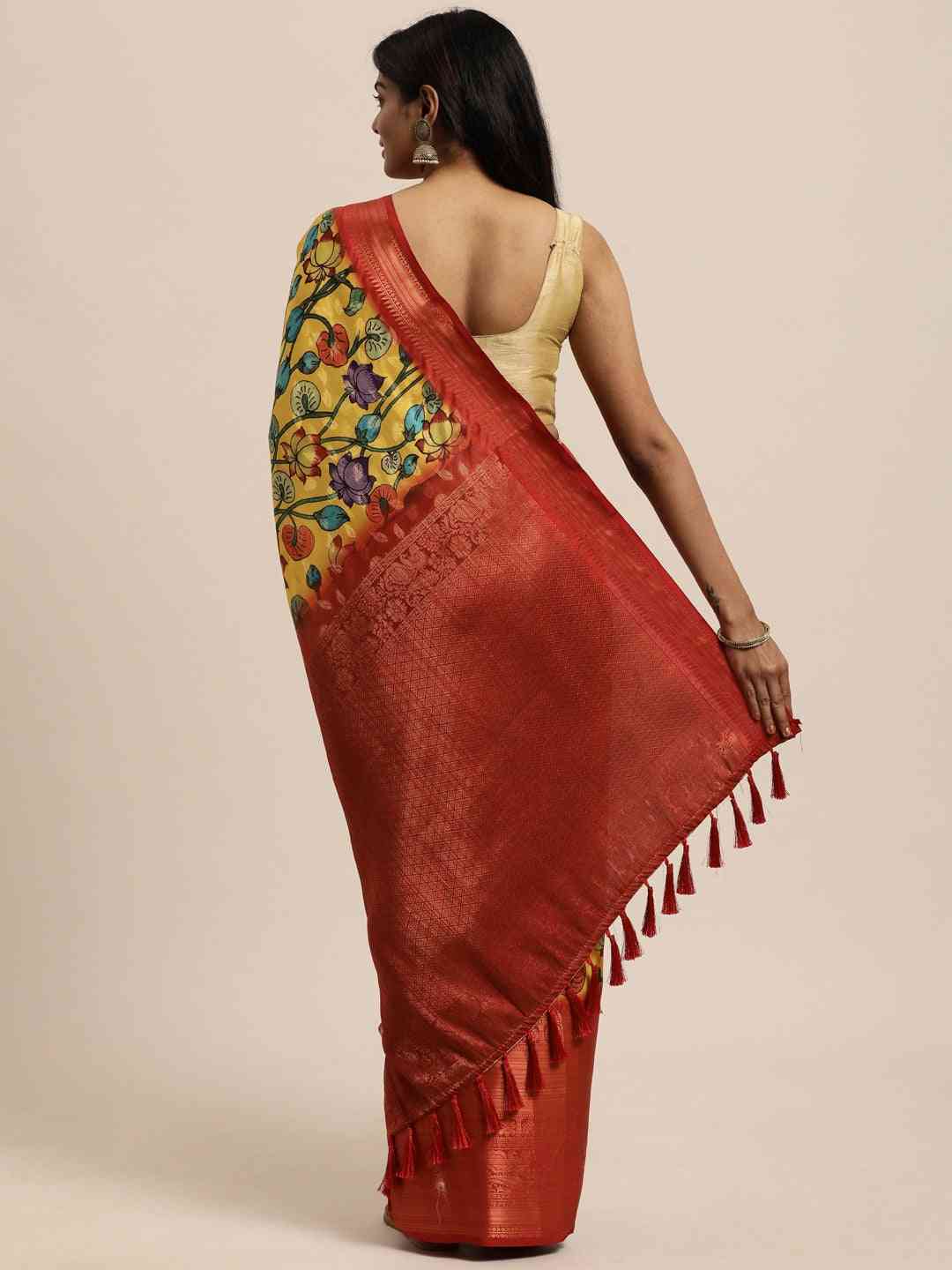 Beautiful Kalamkari Zari Work Silk Blend Kanjivaram Saree