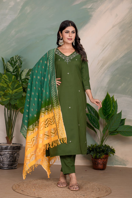 Silk Embroidered Green Kurta Set