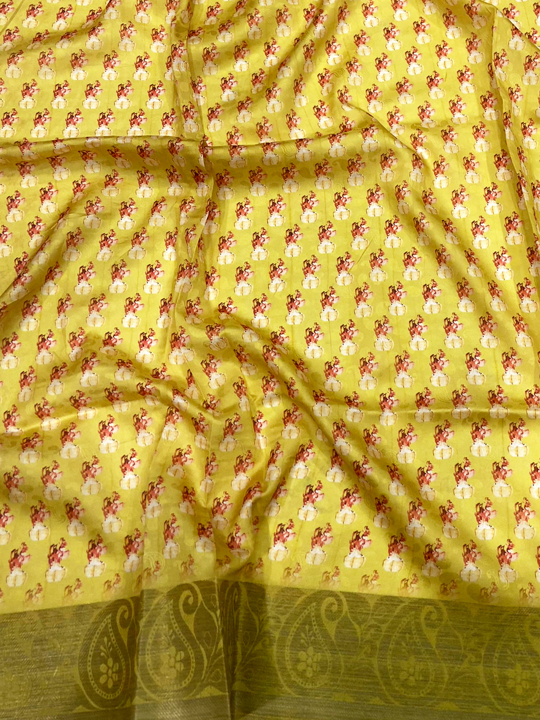 Mustard Yellow Digital Print Soft Dola Silk Saree by My Store