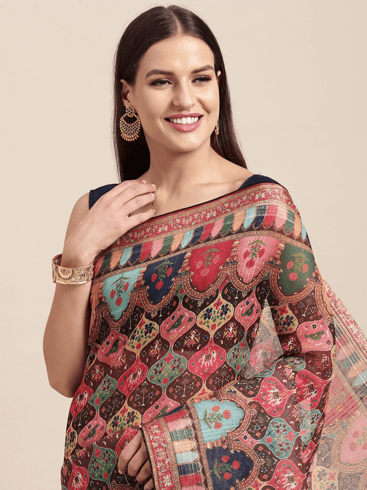 Soft Linen Mughal and Kalamkari Print Saree by My Store