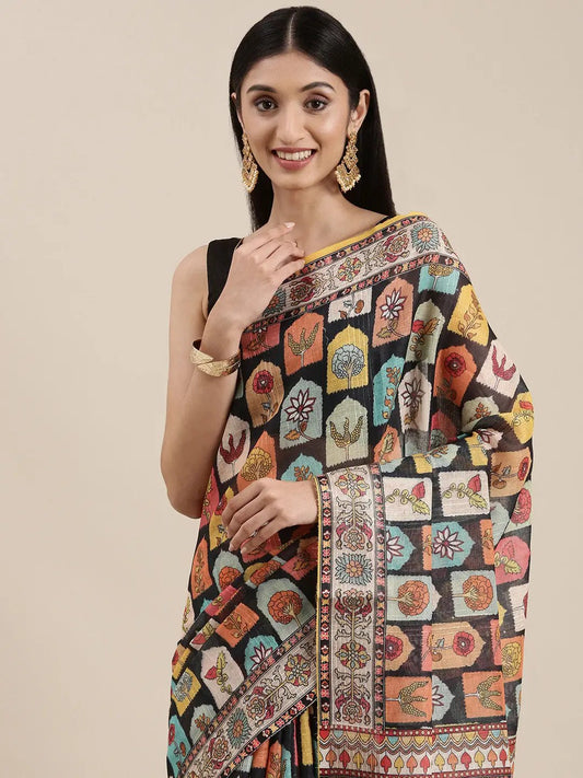 Soft Linen Kalamkari Block Print Party Wear Saree by My Store
