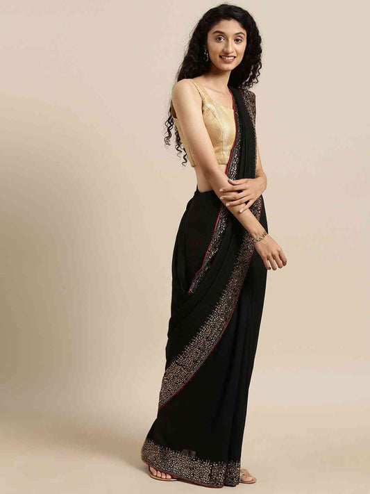 Black Colour Poly Silk Saree with Swarovski Stones Work