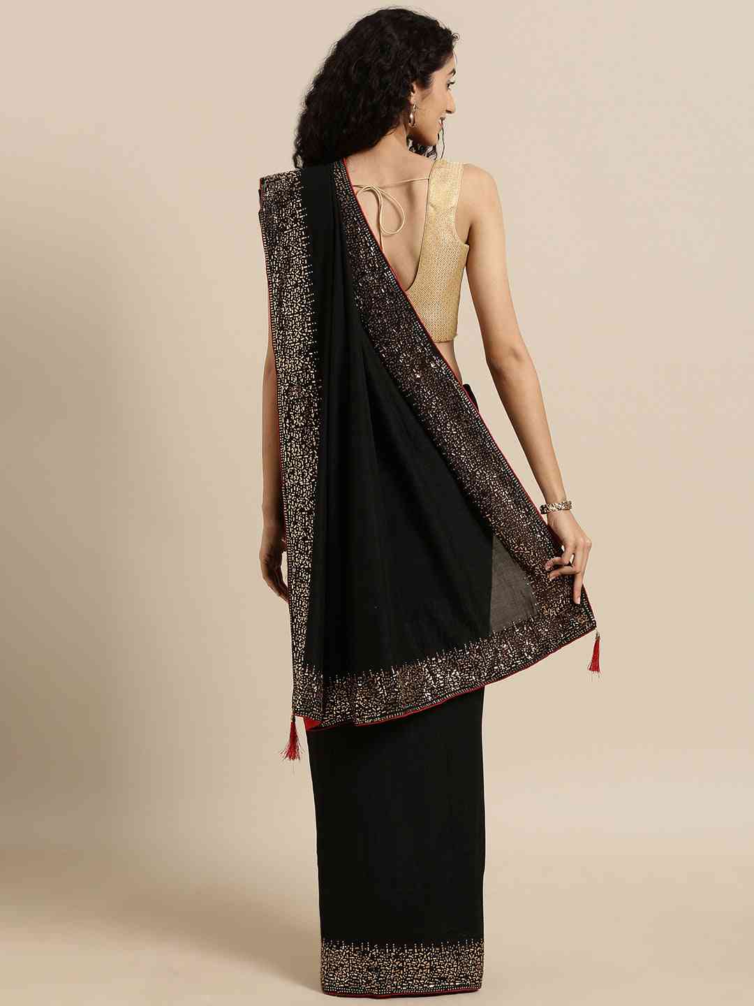 Black Colour Poly Silk Saree with Swarovski Stones Work