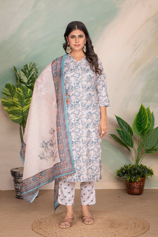 Casual Wear Printed Sky Blue Kurta Set