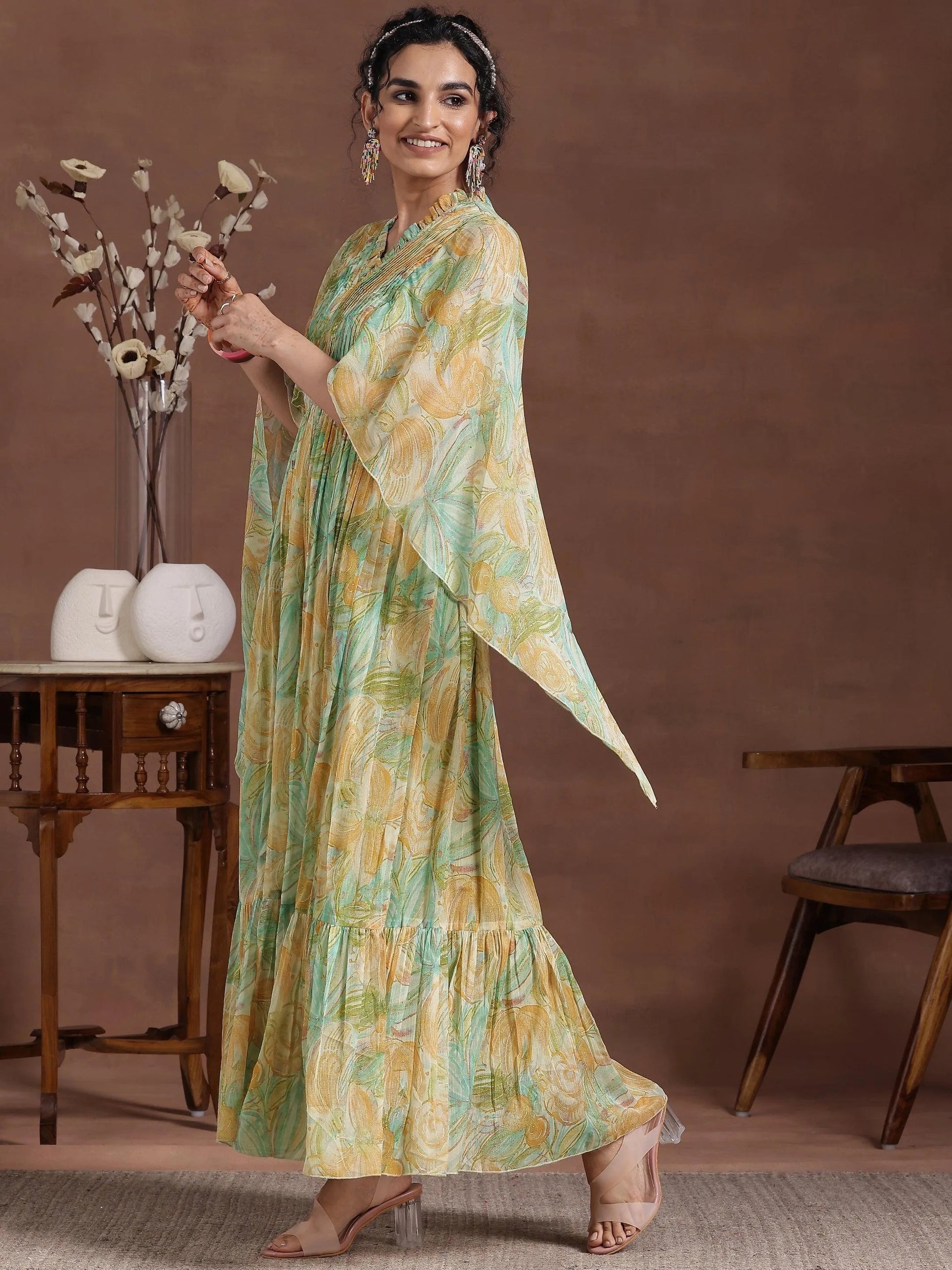 Green Printed Chiffon A-Line Dress by My Store