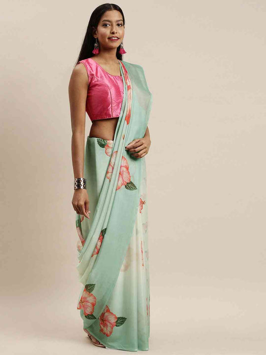 Pink Colour Floral Printed Pure Tebi Silk Saree With Resham Tassel by My Store