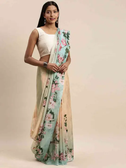 Beige Colour Floral Printed Pure Tebi Silk Saree With Resham Tassel