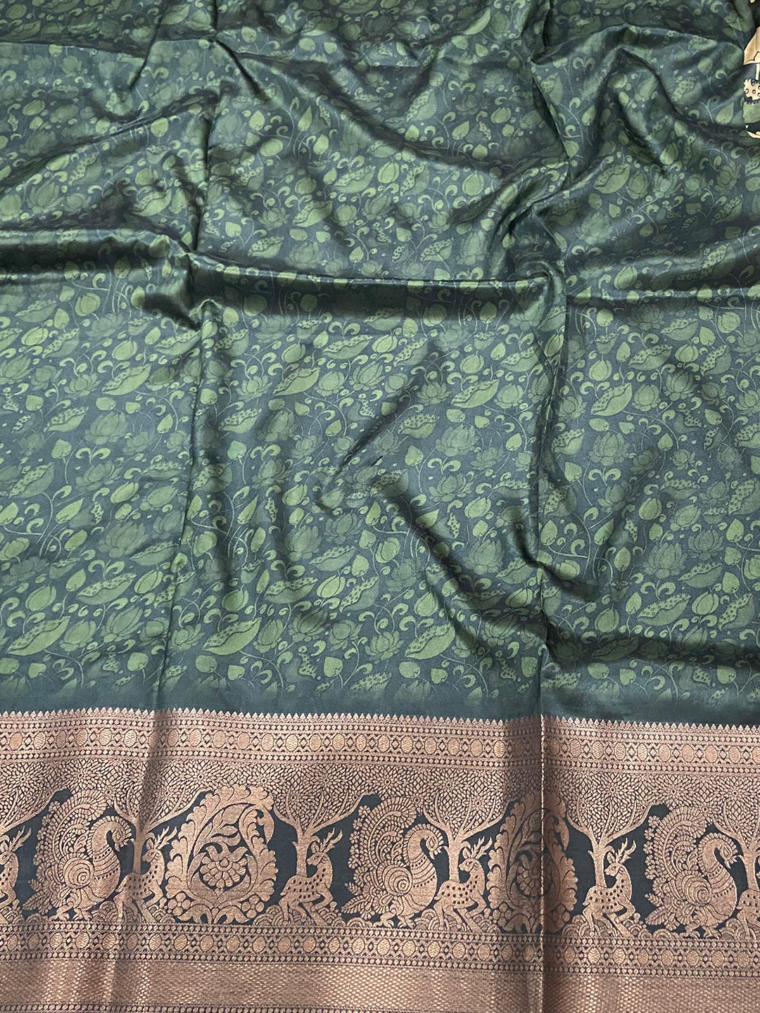 Bottle Green Soft Silk Kalamkari Saree by My Store